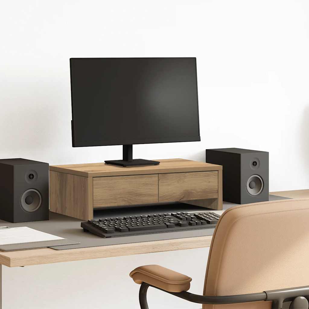 Wooden monitor stand with drawers from Coremet Ltd, featuring a 50x width, ideal for office organization and workspace support.