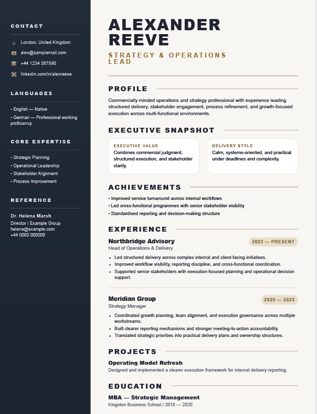 Signature executive CV template from CoremetX's Elite CV Templates digital download collection, featuring professional resume design.