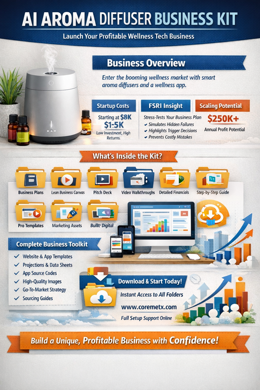 AI Aroma Diffuser Business Kit by Coremet Ltd featuring smart diffuser with app control and business setup components.