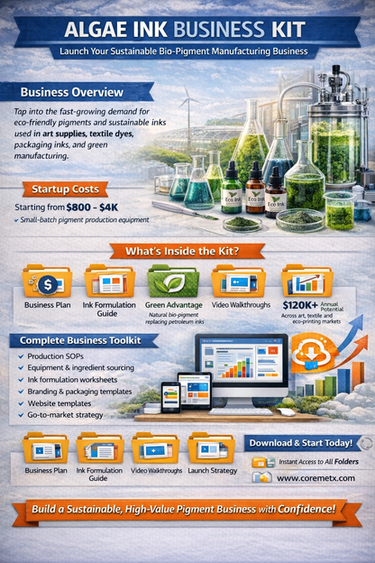 Algae-based bio-ink business kit from Coremet Ltd with materials to create algae ink and start a sustainable business.
