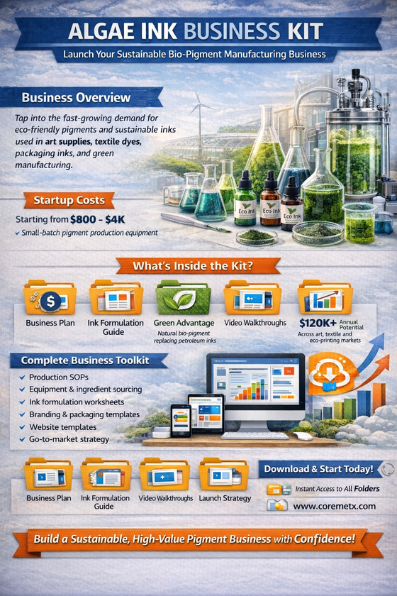 Algae-based bio-ink business kit from Coremet Ltd with materials to create algae ink and start a sustainable business.