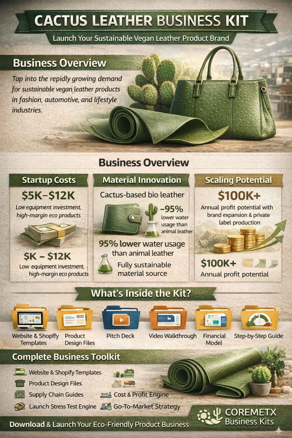 Overview of Coremet Ltd's cactus leather business kit with tools and materials for starting a cactus leather products business.