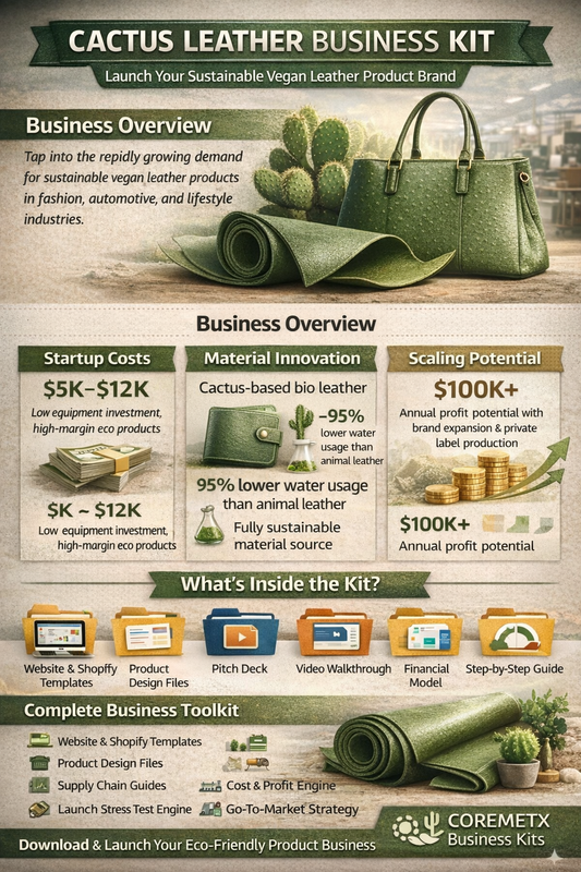 Overview of Coremet Ltd's cactus leather business kit with tools and materials for starting a cactus leather products business.
