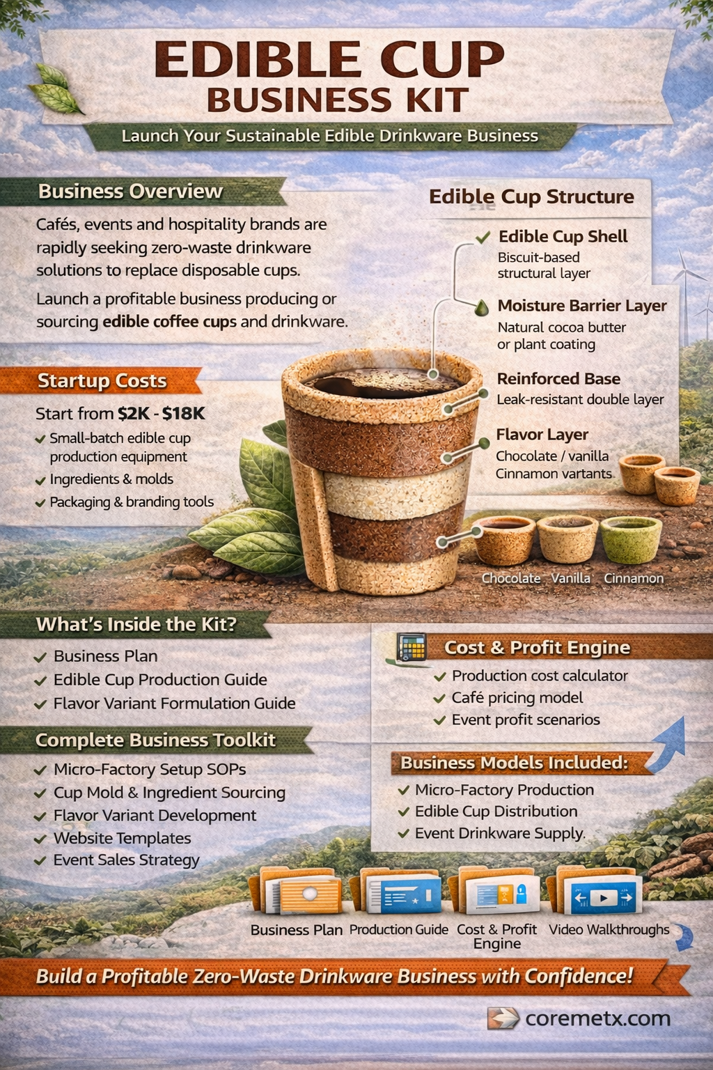 Create edible cups business setup kit by Coremet Ltd, includes tools and materials for building a real edible cup business.