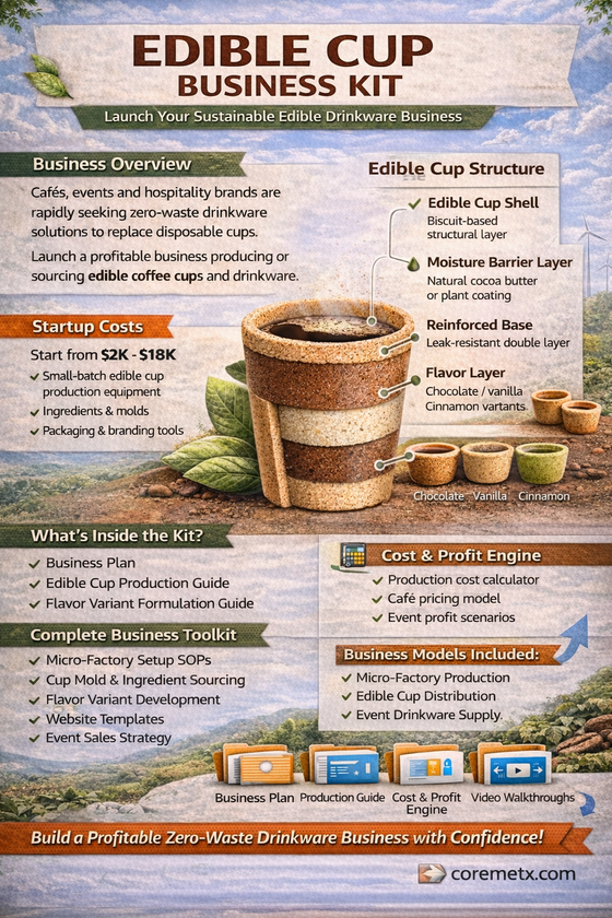 Create edible cups business setup kit by Coremet Ltd, includes tools and materials for building a real edible cup business.