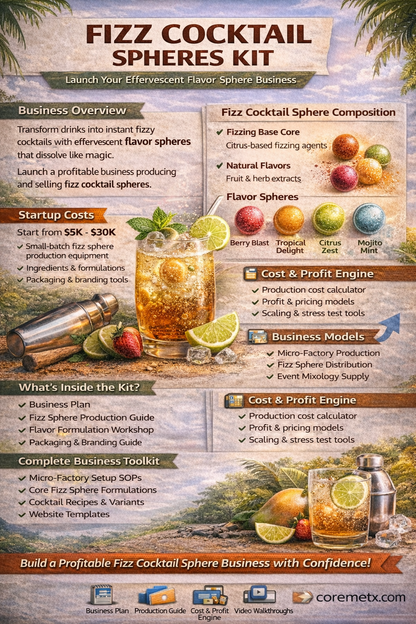 Create cocktail spheres and build a premium product business with Coremet Ltd's complete cocktail kit for entrepreneurs.