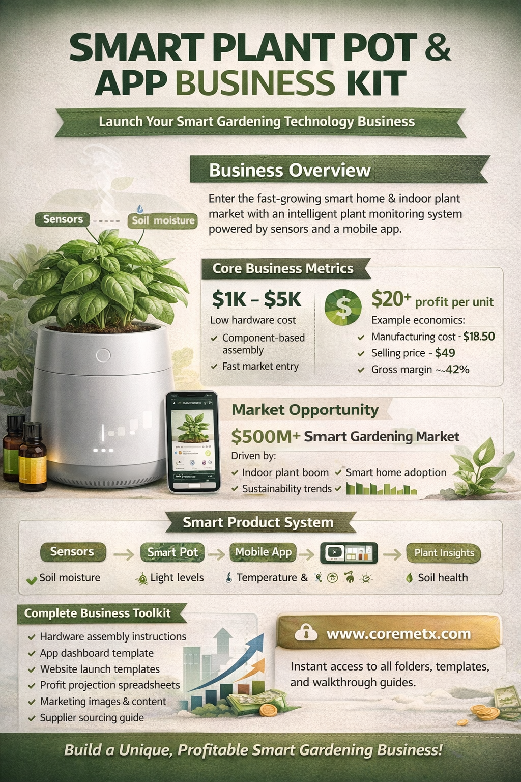 Smart plant pot business kit featuring a smart plant pot, mobile app, and complete system by Coremet Ltd for starting a plant business.