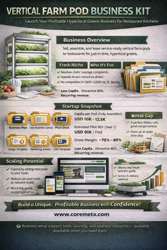 Mini vertical farm pods business kit by Coremet Ltd, showing components for launching an urban farming enterprise.