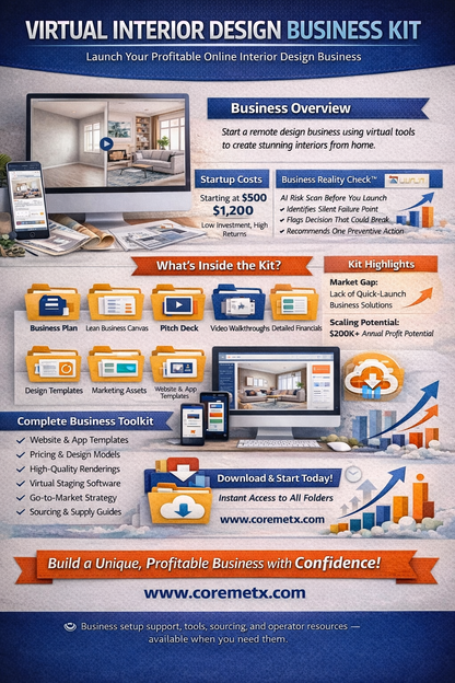 Virtual interior design business kit by Coremet Ltd, showcasing app setup and tools for launching a digital interior design service.