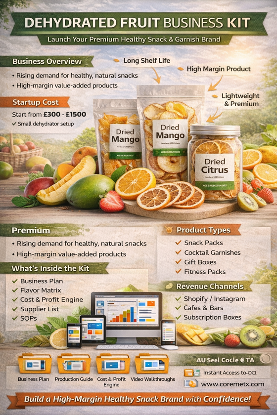 CoremetX dehydrated fruits business kit overview, showcasing packaging and product display for starting a dehydrated fruit business.