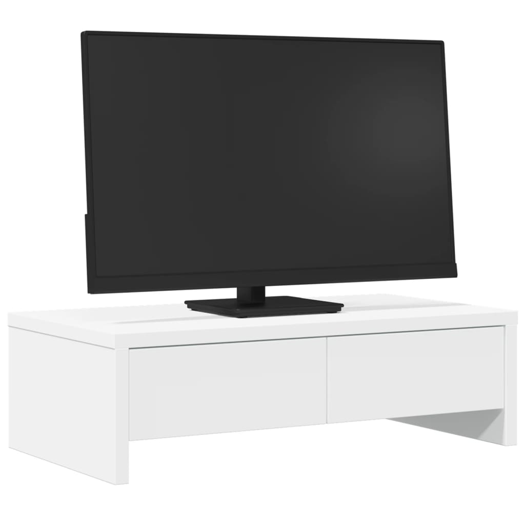 Wood monitor stand with drawers from Coremet Ltd, featuring a 50x design, ideal for office organization and workspace support.