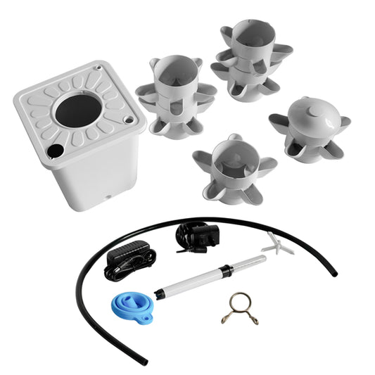 White hydroponic indoor planting system business kit by Coremet Ltd with multiple plant containers and water reservoir.