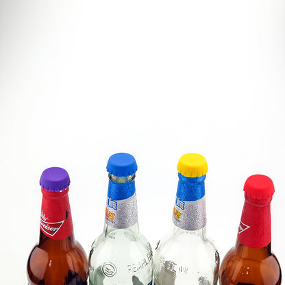 Food grade silicone bottle caps for business kits by Coremet Ltd, shown in a set with multiple colorful caps.