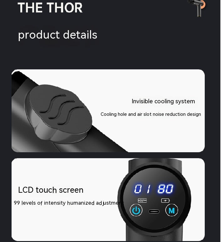 Coremet Ltd massage gun for muscle relaxation, part of business kit, with ergonomic design and multiple attachment heads.