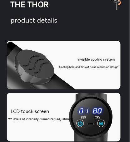 Coremet Ltd massage gun for muscle relaxation, part of business kit, with ergonomic design and multiple attachment heads.