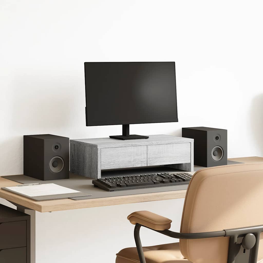 Wood monitor stand with drawers from Coremet Ltd, ideal for office organization and workspace decluttering.