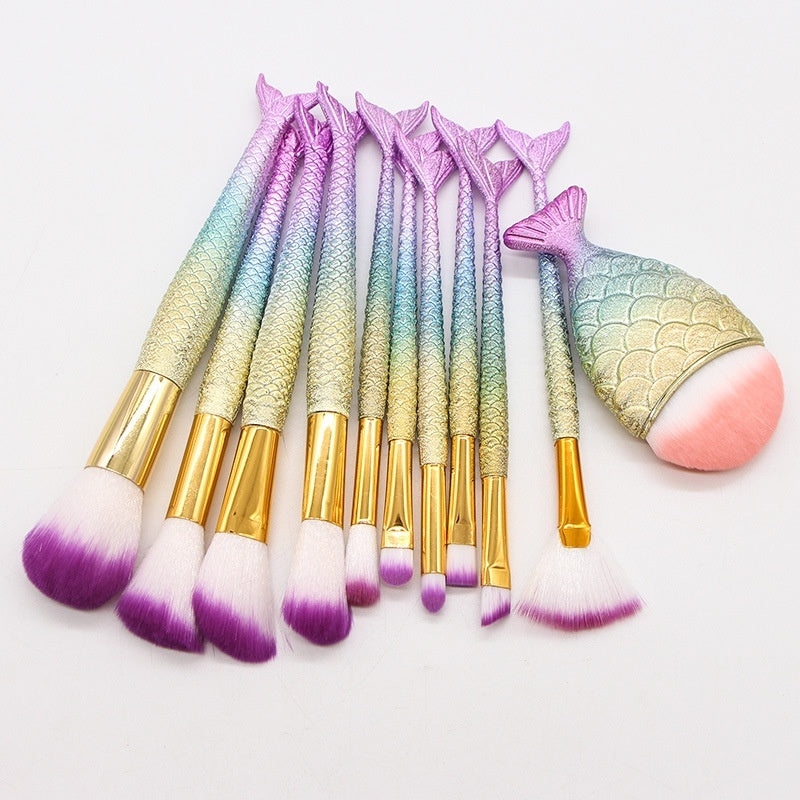 Coremet Ltd mermaid makeup brushes set featuring 10 colorful beauty tools in a business kit for professional makeup application.