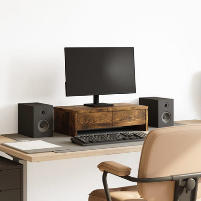 Wooden monitor stand with drawers from Coremet Ltd, designed for business use, featuring a 50x base size and storage compartments.