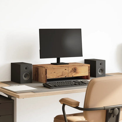 Wooden monitor stand with drawers from Coremet Ltd, providing organized workspace and storage for office setups.