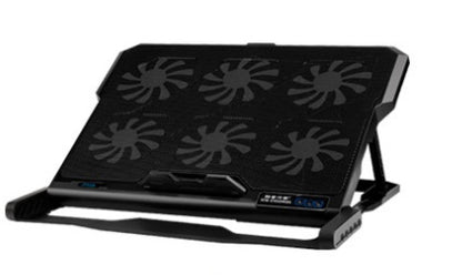 Coremet Ltd laptop cooling stand with built-in USB fan, black ergonomic design for improved airflow and cooling.