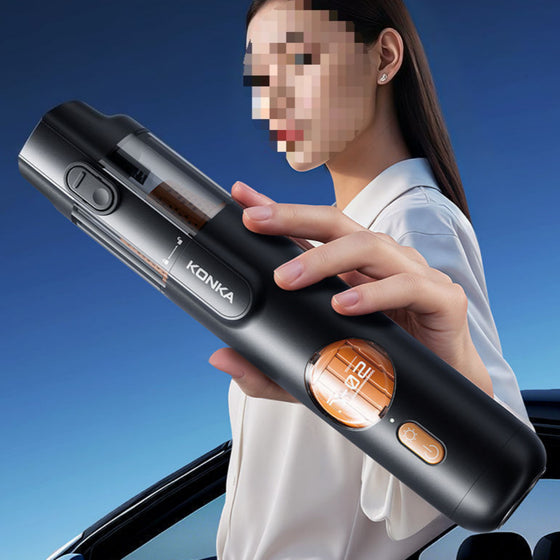 Cordless handheld car vacuum cleaner from Coremet Ltd, part of business kit, with compact design and cleaning attachments visible.