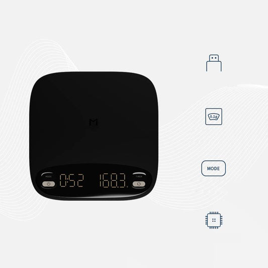 Coremet Ltd handcrafted precision coffee weighing scale from business kits, featuring a sleek digital display and stainless steel surface.