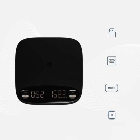 Coremet Ltd handcrafted precision coffee weighing scale from business kits, featuring a sleek digital display and stainless steel surface.