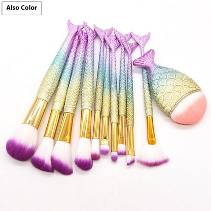 Coremet Ltd mermaid-themed makeup brushes set with ten beauty tools in a business kit arrangement.