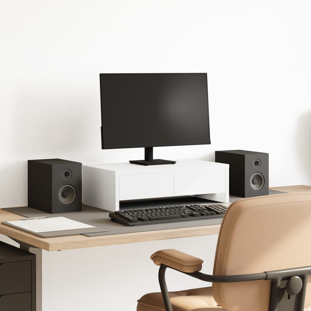 Wood monitor stand with drawers by Coremet Ltd, ideal for business setups, featuring a sturdy 50x50cm surface and storage drawers.