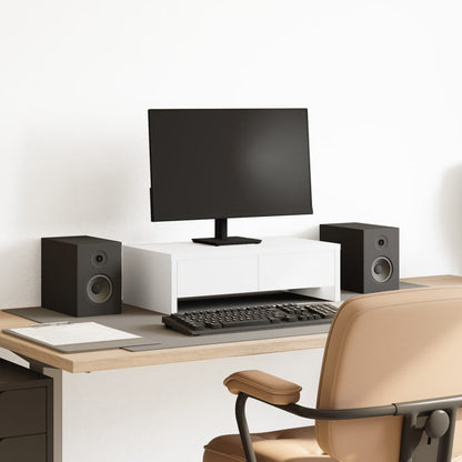 Wood monitor stand with drawers by Coremet Ltd, ideal for business setups, featuring a sturdy 50x50cm surface and storage drawers.