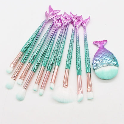 Set of 10 Mermaid-themed makeup brushes from Coremet Ltd, including various brush types for beauty application in a business kit.
