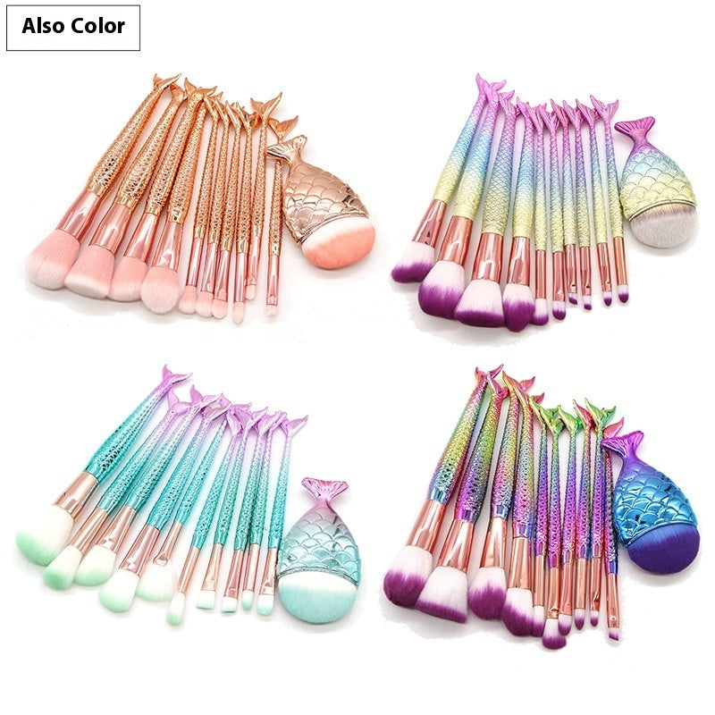 Set of 10 Mermaid-themed makeup brushes from Coremet Ltd, featuring colorful handles and soft bristle tips for beauty application.