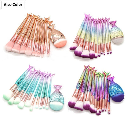Set of 10 Mermaid-themed makeup brushes from Coremet Ltd, featuring colorful handles and soft bristle tips for beauty application.