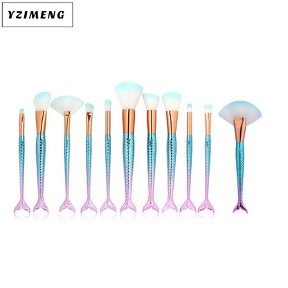 Set of 10 Mermaid-themed makeup brushes from Coremet Ltd, perfect for beauty routines and professional makeup application.