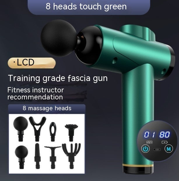 Coremet Ltd massage gun for muscle relaxation, showing ergonomic design and multiple attachment heads for effective massage therapy.