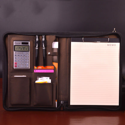 A4 leather sales folder from Coremet Ltd, a professional business kit with sleek, durable leather cover and organized internal compartments.