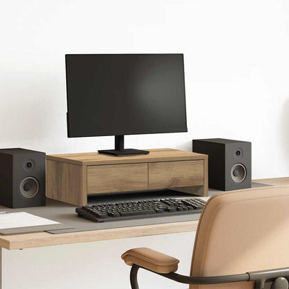 Wooden monitor stand with drawers from Coremet Ltd, featuring a 50x width, ideal for office organization and workspace support.