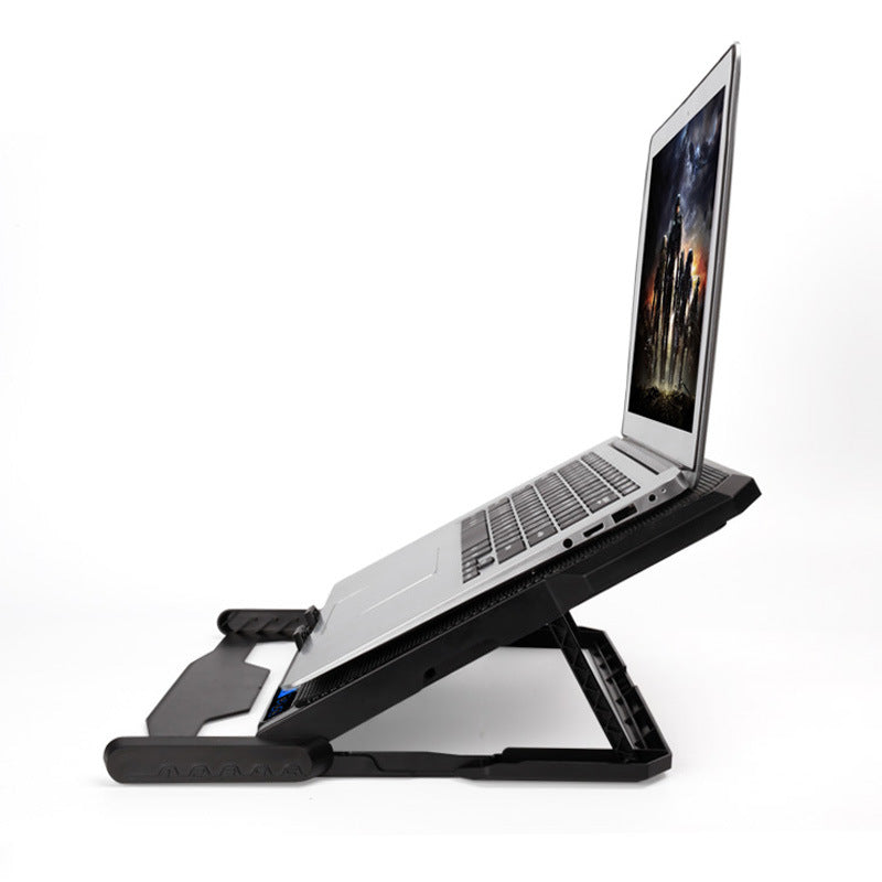 Coremet Ltd laptop cooling stand with built-in USB fan, designed for business use, showing a sleek black stand with fan blades visible.