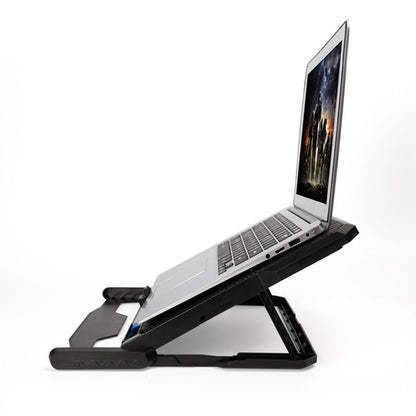 Coremet Ltd laptop cooling stand with built-in USB fan, designed for business use, showing a sleek black stand with fan blades visible.