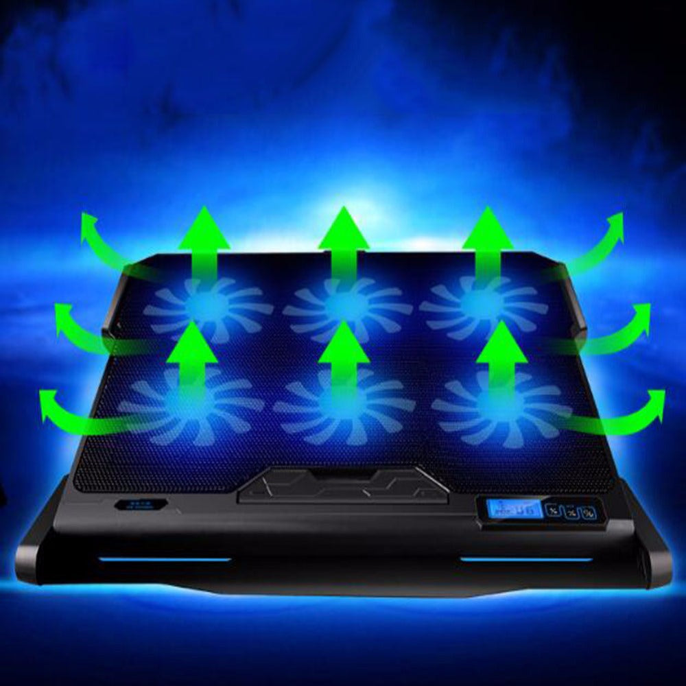 Laptop cooling stand with built-in USB fan, designed for business use by Coremet Ltd, showing the stand and fan in action.