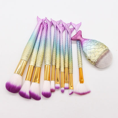 Coremet Ltd Mermaid makeup brushes set with 10 colorful beauty tools in a business kit for professional makeup application.