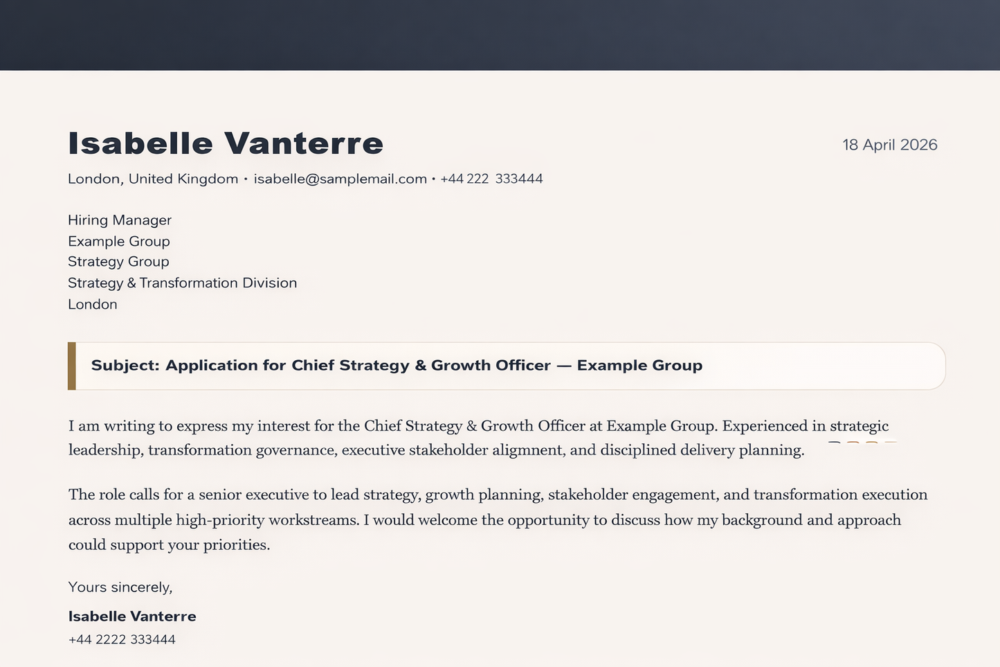 Digital download of a cover letter generated by Coremet Ltd's CV and Cover Letter Generator software.