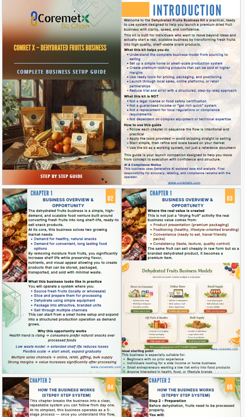 Guide image for CoremetX dehydrated fruits business kit, featuring startup tips and product launch strategies.