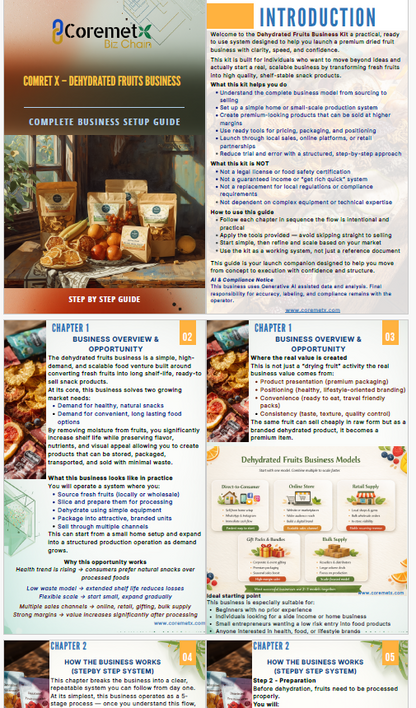 Guide image for CoremetX dehydrated fruits business kit, featuring startup tips and product launch strategies.