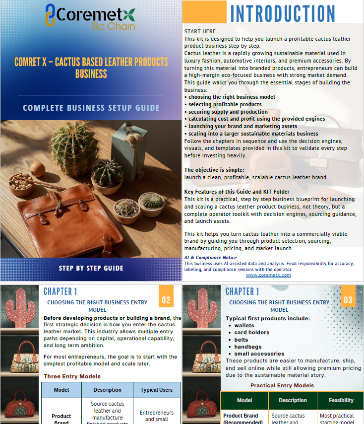 Screenshot of Coremet Ltd's cactus leather products business kit setup, showing tools and materials for starting a cactus leather business.