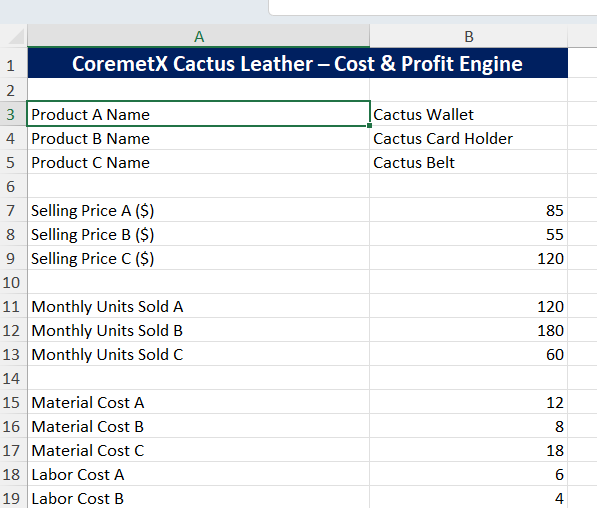 Screenshot of Coremet Ltd cactus leather products business kit setup, including tools and materials for starting a cactus leather business.