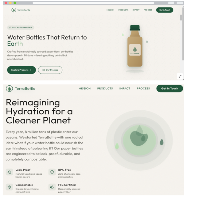Screenshot of Coremet Ltd's business kit for creating and selling paper bottles to real brands, showing packaging and product layout.
