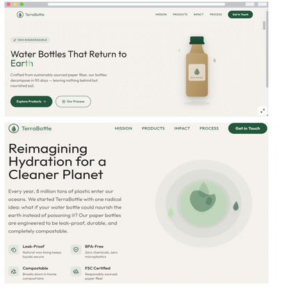 Screenshot of Coremet Ltd's business kit for creating and selling paper bottles to real brands, showing packaging and product layout.