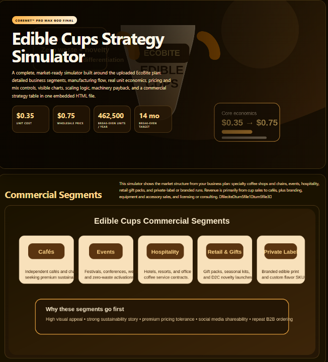 Screenshot of Coremet Ltd's Create Edible Cups and Build a Real Business kit, showing the complete setup for edible cup production.