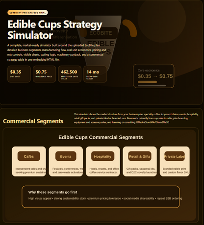 Screenshot of Coremet Ltd's Create Edible Cups and Build a Real Business kit, showing the complete setup for edible cup production.